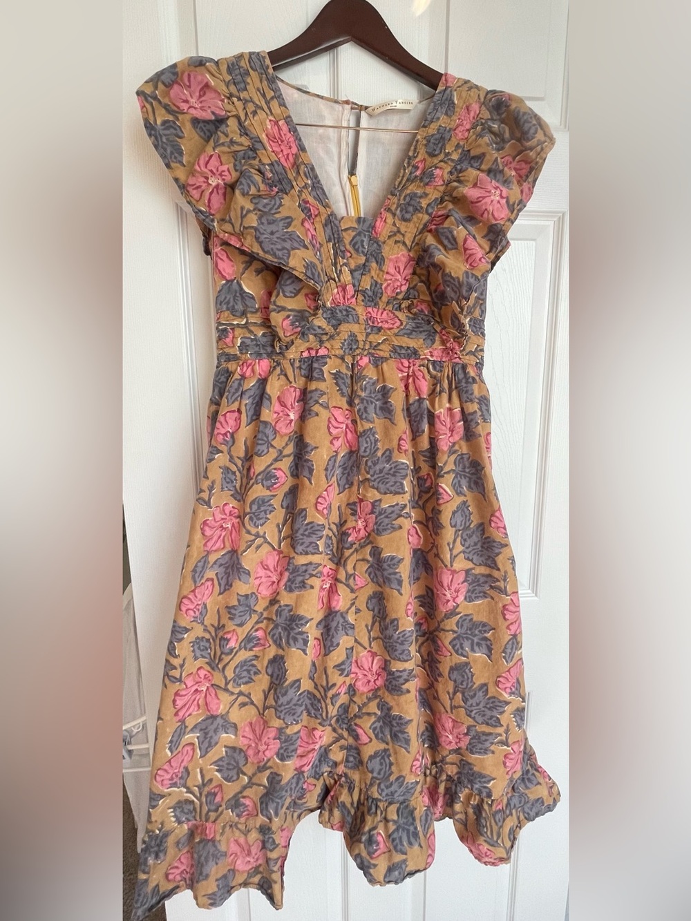 Women’s Wayward Fancies eShakti Floral Flutter Sleeve Dress in Mustard and Pink